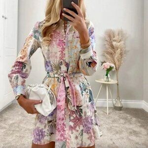 Zara Floral Dress linen button front mini shirt womens Cream (small) resortwear